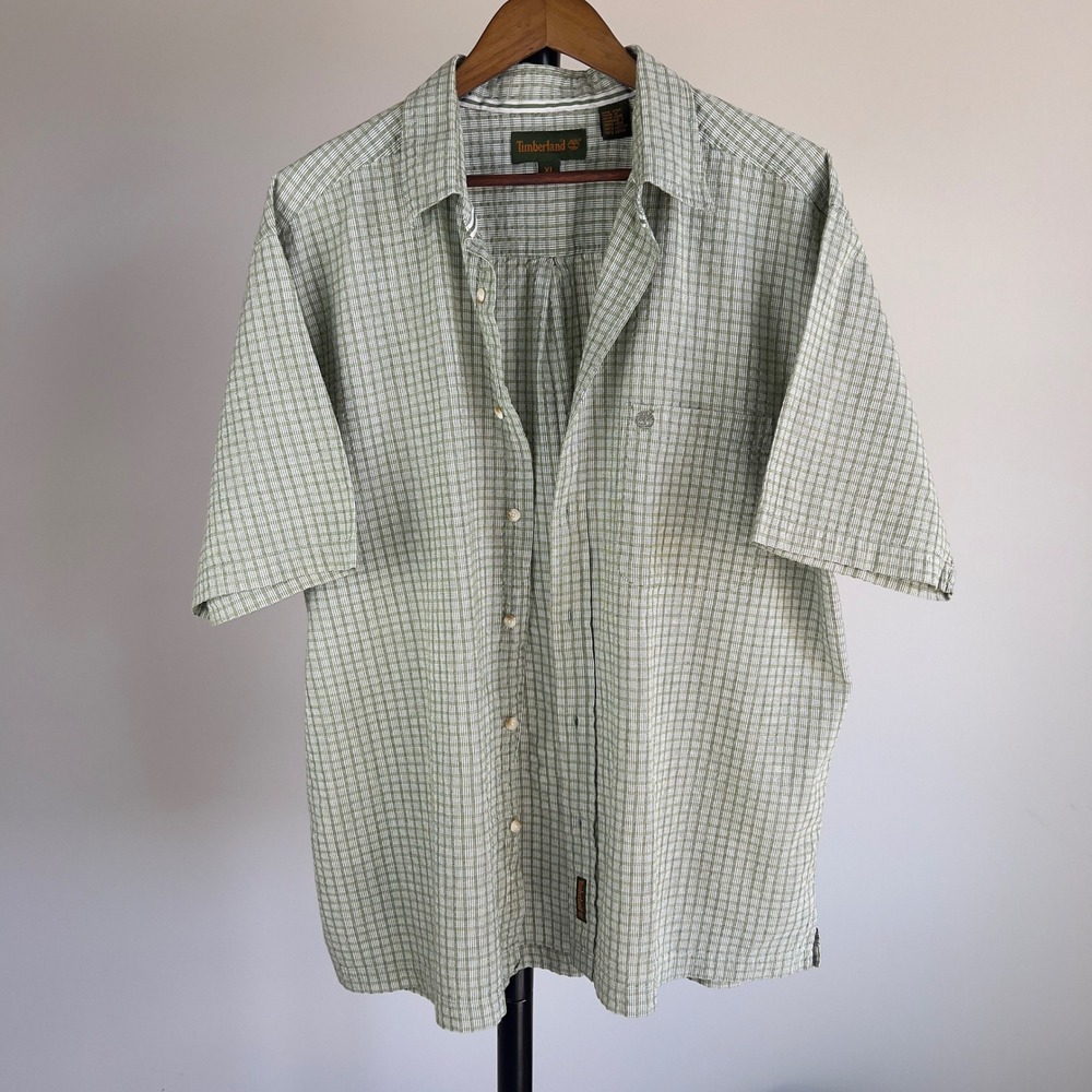 Timberland Mens XL Short Sleeve Button Up Shirt Sage Green Grid Check Cotton